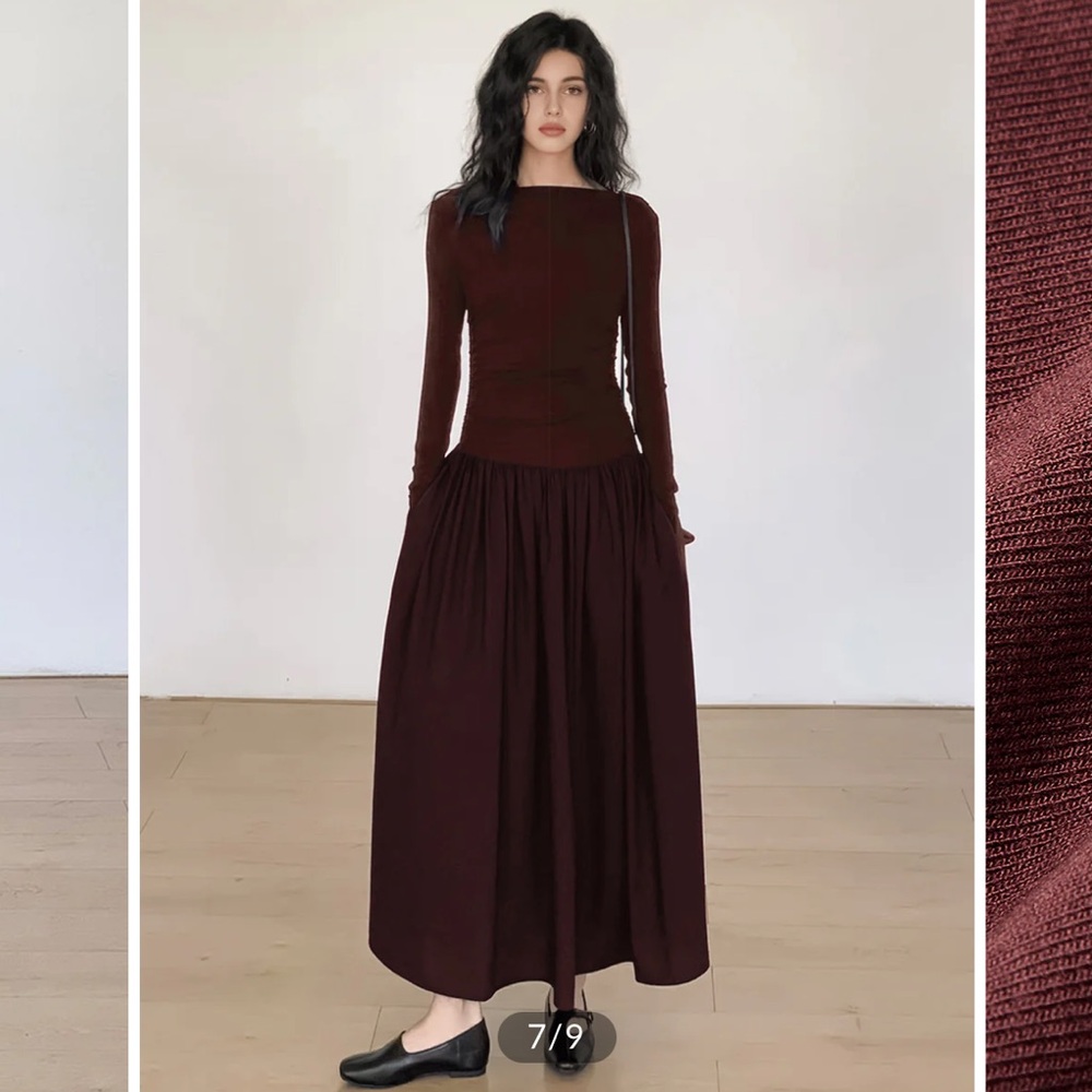 Commense Wine-Burgundy Long Sleeve Midi Dress